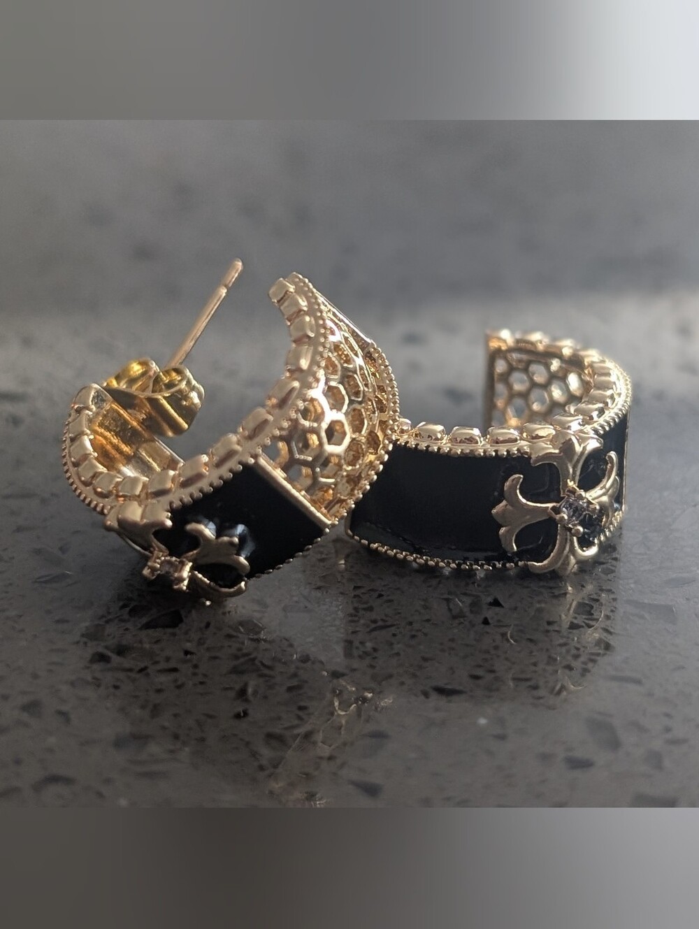 Gold and Black Enamel Hoop Earrings with Motif Cross Accent Nwot Fashion Jewelry